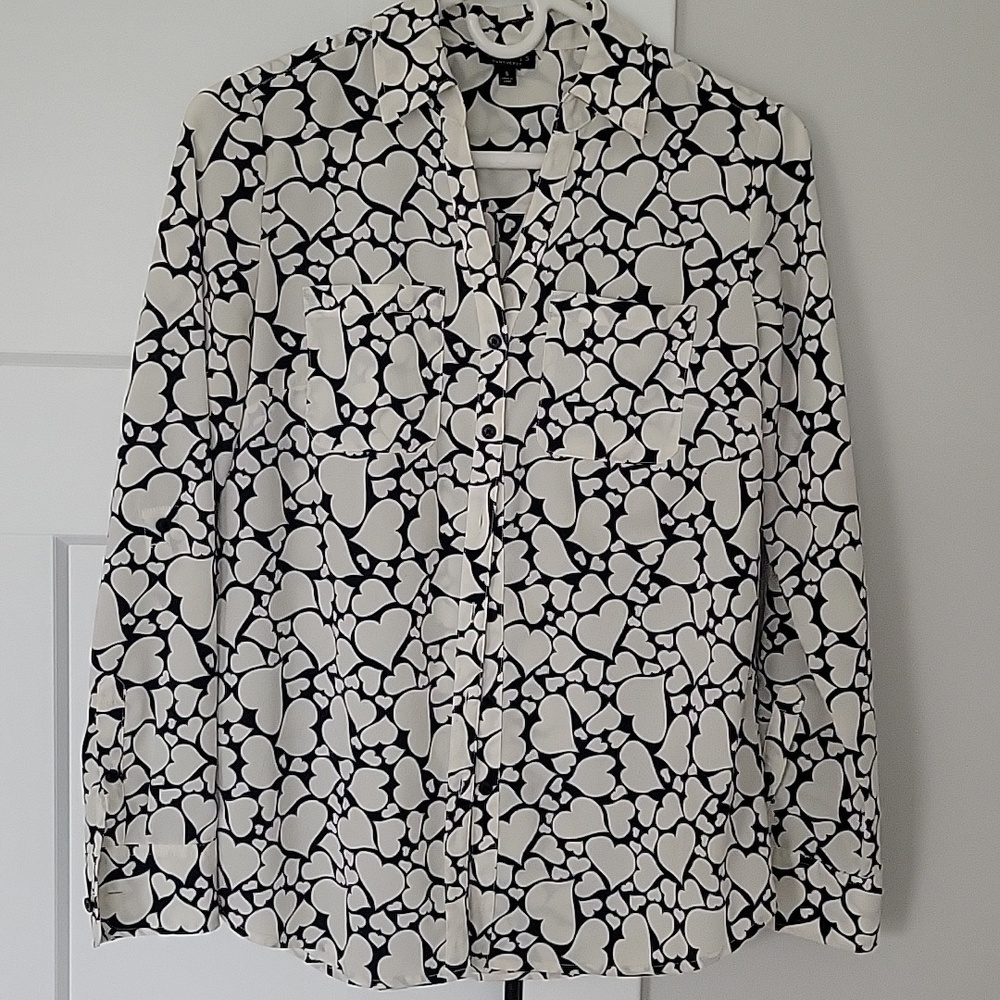Talbots Black and Cream Heart Print Blouse